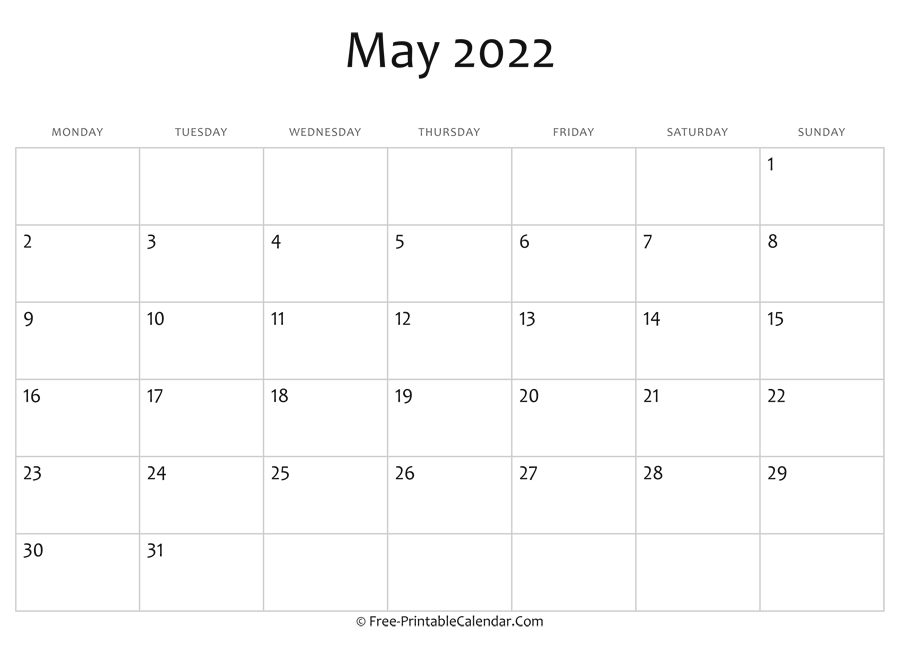 Editable 2022 May Calendar