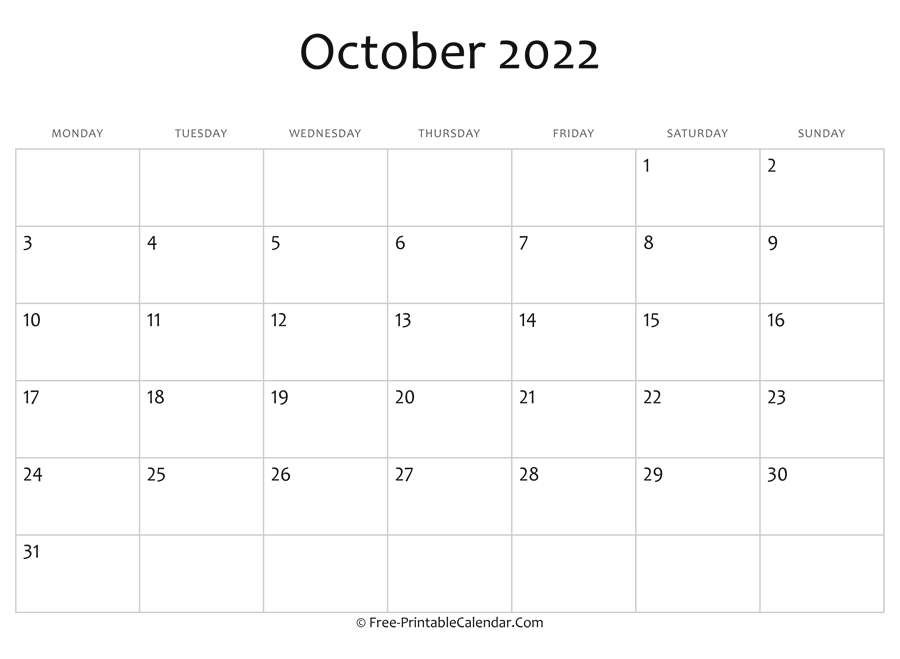 Editable 2022 October Calendar