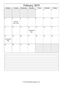 february 2019 editable calendar notes portrait