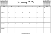 February 2022 Calendar (horizontal)