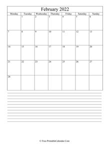 february 2022 editable calendar notes portrait