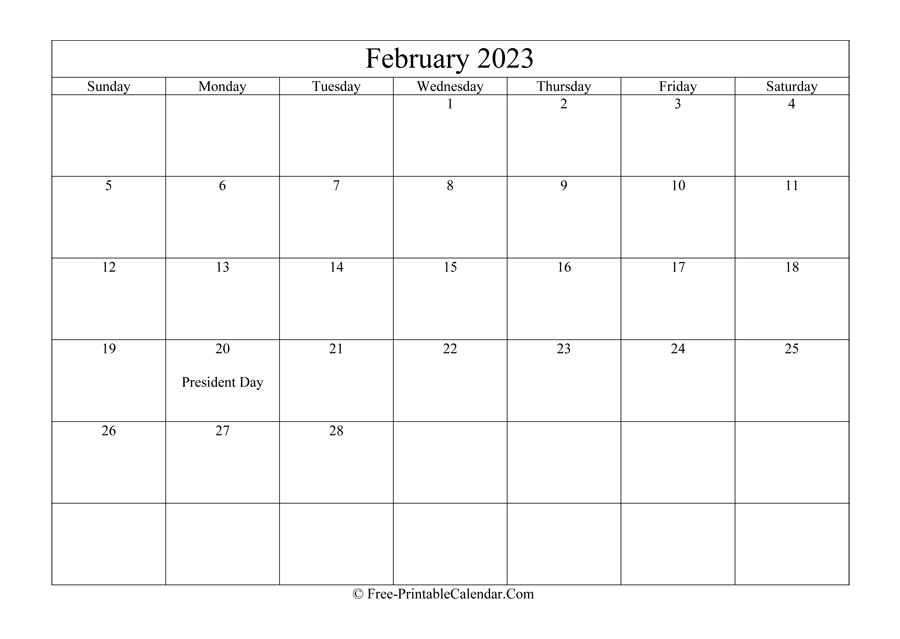 February 2023 Calendar Printable with Holidays