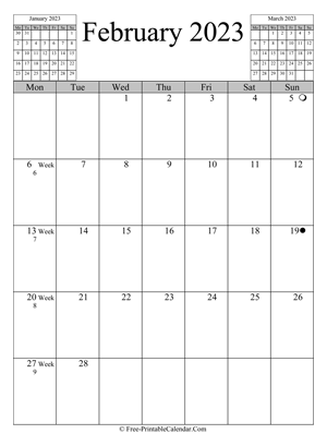 february 2023 calendar vertical