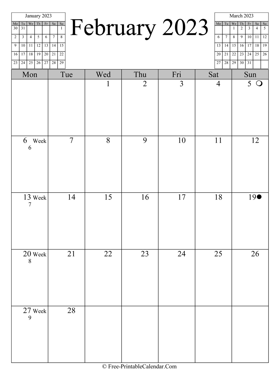 february 2023 Calendar (vertical layout)