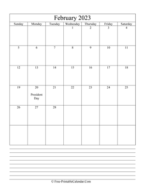 february 2023 editable calendar notes portrait