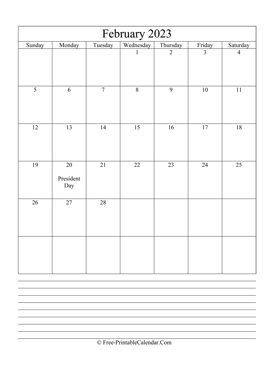 february 2023 Editable Calendar with notes