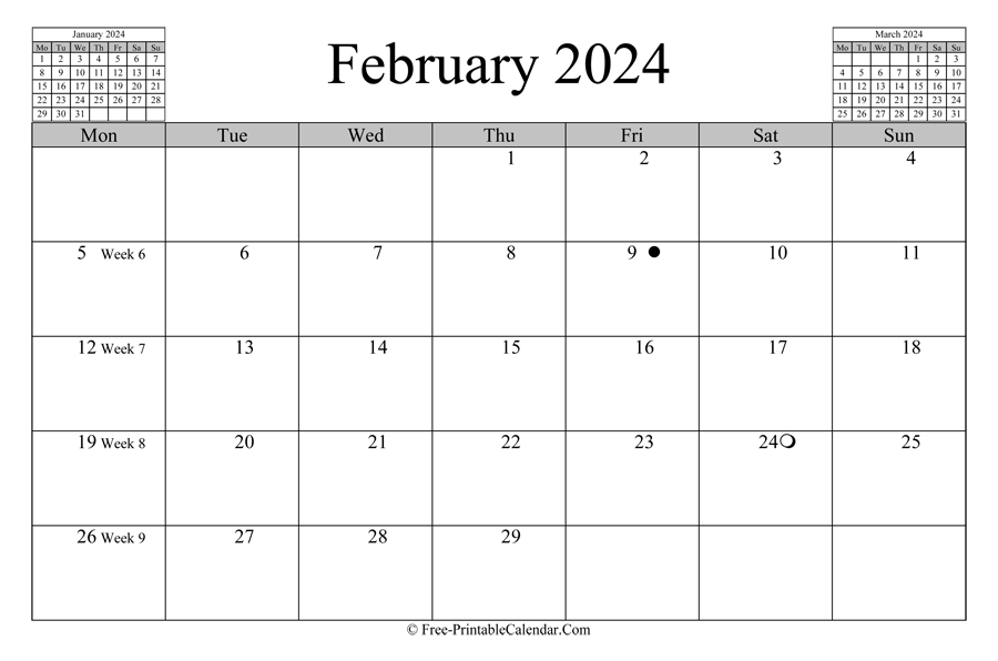 february 2024 Calendar (horizontal layout)