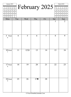 February 2025 Calendar (Horizontal Layout)