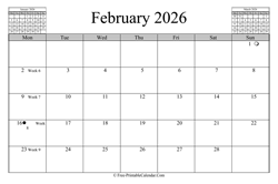 February 2026 Calendar (horizontal)
