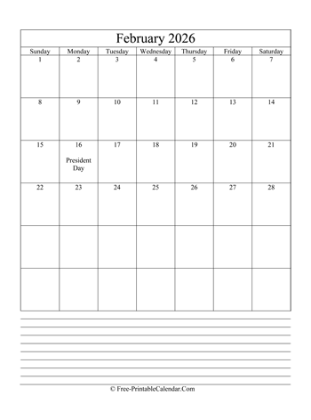 February 2026 Calendar Printable with Holidays