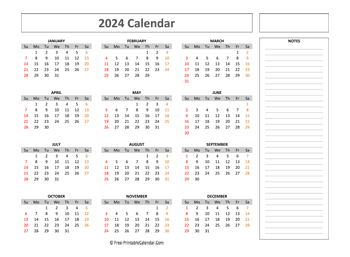 free printable calendar 2024 with notes