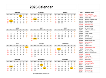 free printable calendar 2026 with holidays