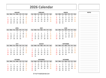 free printable calendar 2026 with notes