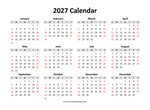 free printable calendar 2027