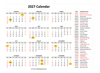 free printable calendar 2027 with holidays