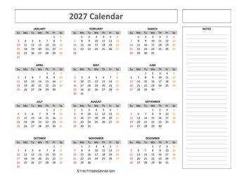 free printable calendar 2027 with notes