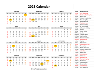free printable calendar 2028 with holidays