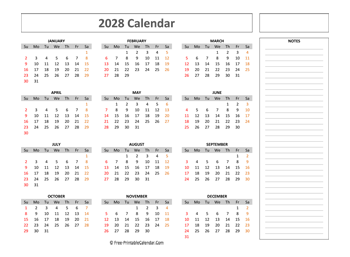 free printable calendar 2028 with notes