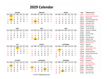 free printable calendar 2029 with holidays