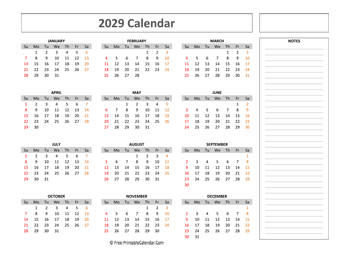 free printable calendar 2029 with notes