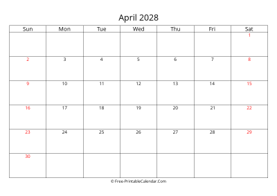 Printable Calendar April 2028