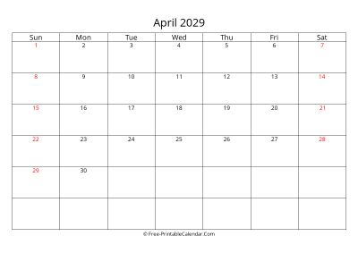Printable Calendar April 2029