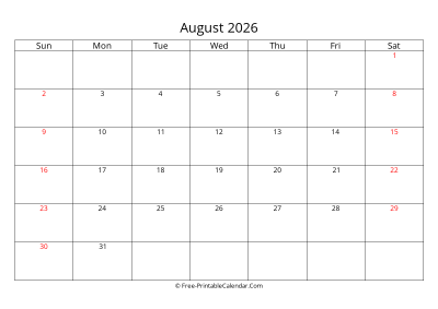Printable Calendar August 2026