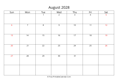 Printable Calendar August 2028