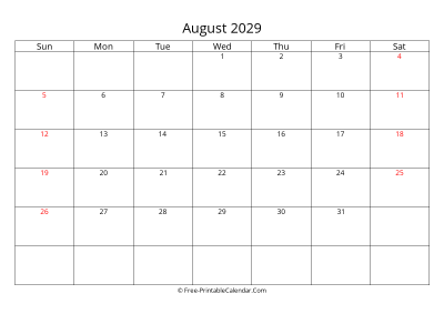 Printable Calendar August 2029