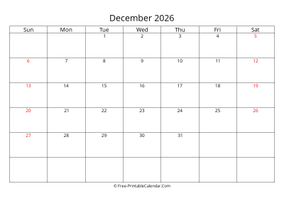 Printable Calendar December 2026