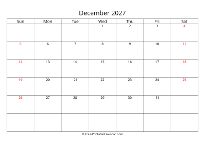 Printable Calendar December 2027