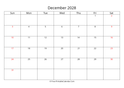 Printable Calendar December 2028