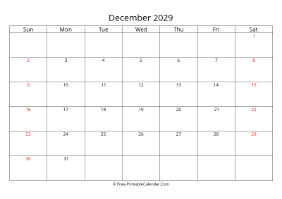 Printable Calendar December 2029