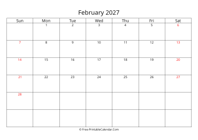 Printable Calendar February 2027