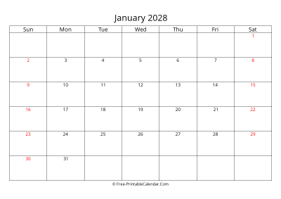 Printable Calendar January 2028