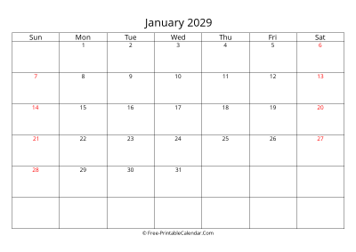 Printable Calendar January 2029
