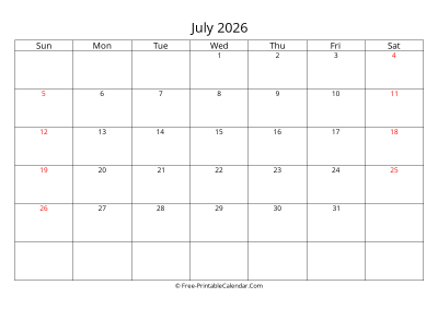 Printable Calendar July 2026