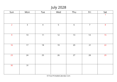 Printable Calendar July 2028