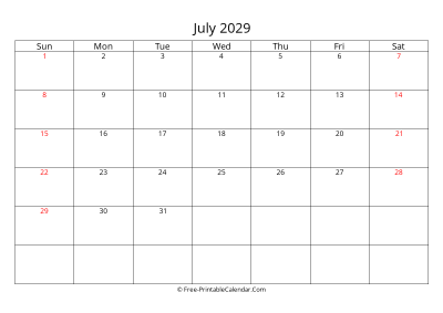 Printable Calendar July 2029