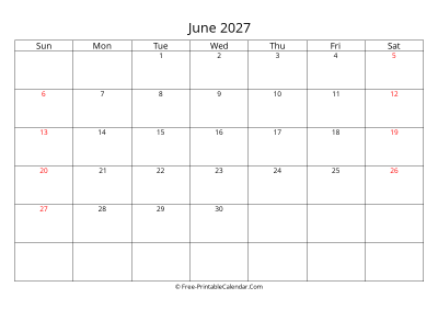 Printable Calendar June 2027