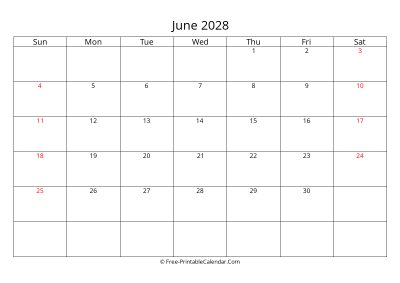Printable Calendar June 2028