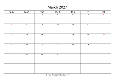 Printable Calendar March 2027