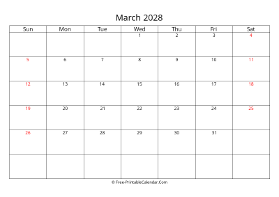 Printable Calendar March 2028