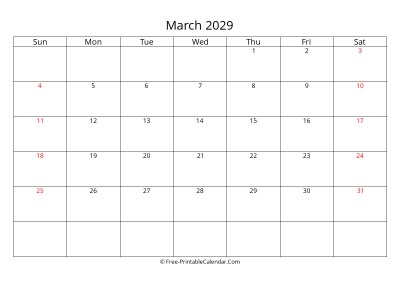 Printable Calendar March 2029