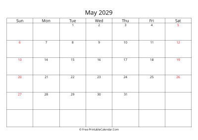Printable Calendar May 2029
