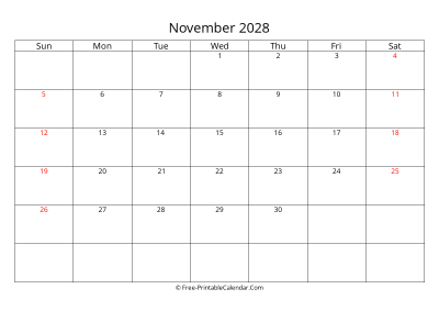 Printable Calendar November 2028