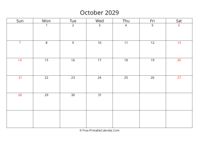 Printable Calendar October 2029