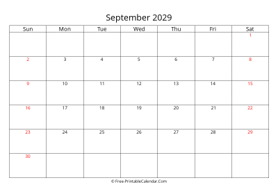 Printable Calendar September 2029