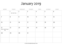 january 2019 calendar printable with holidays