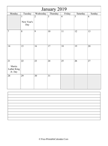 january 2019 editable calendar with notes space